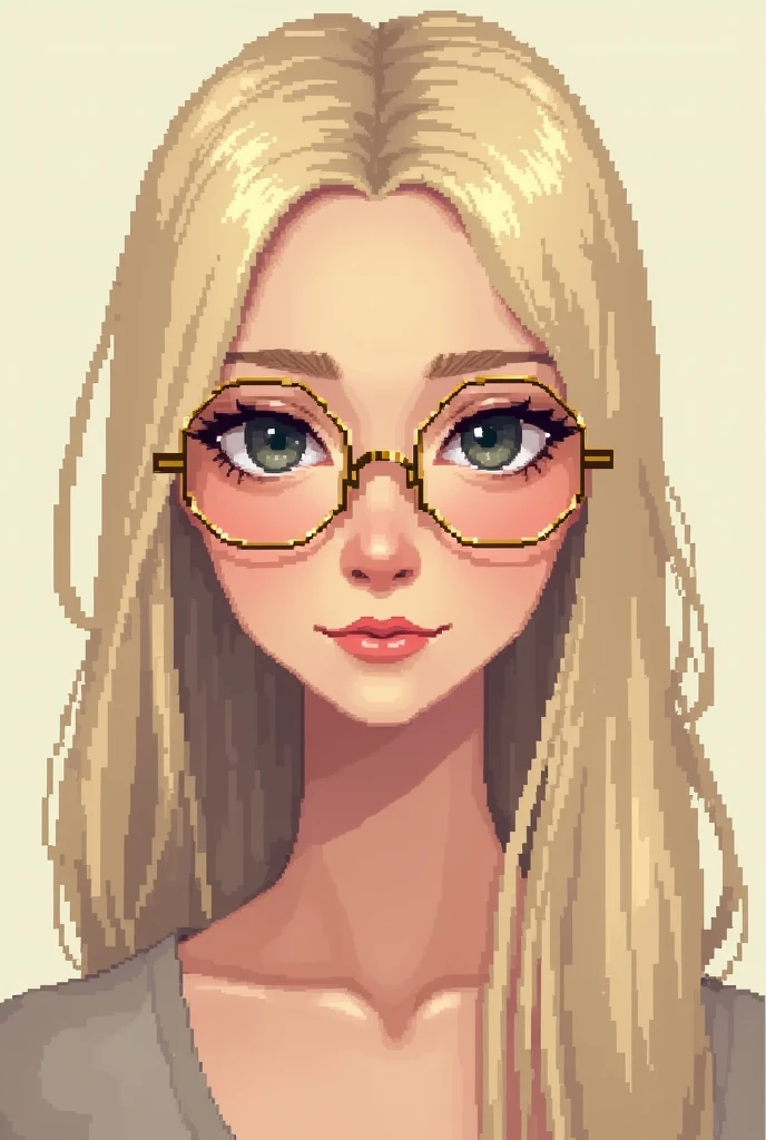 create a pixel drawing of a white skinned woman, long straight blonde hair with highlights, light gold hexagonal glasses, eyes black