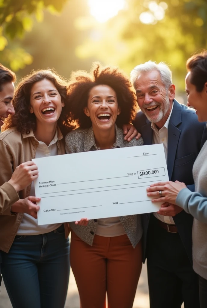 A group of happy people holding a blank check.