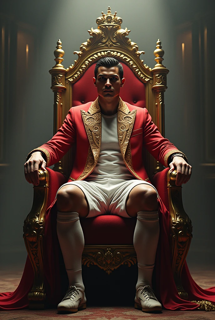 Cristiano Ronaldo sitting on a throne and Leonel Messi kneeling in front of him