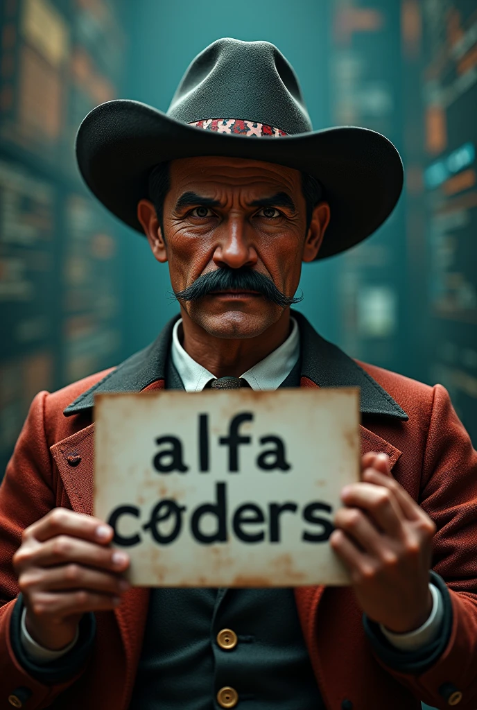 a detailed portrait of Pancho Villa holding a sign that says "Alfa C0ders" with a background of Python and JavaScript programming themes, highly detailed, photorealistic, cinematic lighting, dramatic composition, digital art