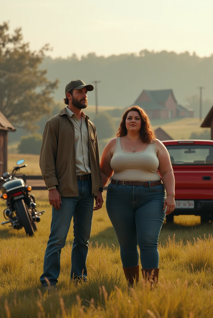 A thin man next to a chubby woman on a farm and a red truck and a black motorcycle