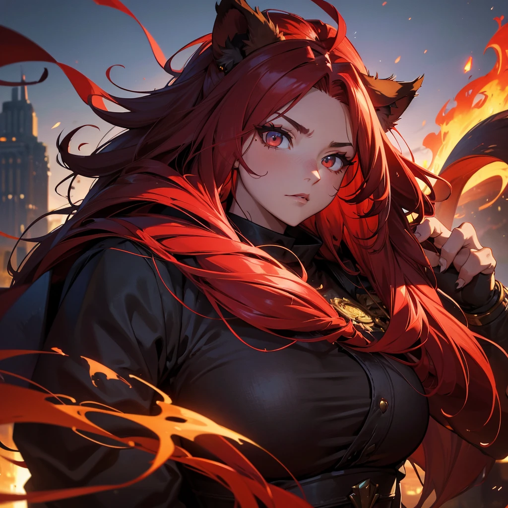 (masterpiece), best quality, expressive eyes, perfect face, aries, werebeast, hot, protector, solider, female, red hair,, guard, anime, beastial, anime, headshot, no human ears, fire, hairy bearded, warrior, massive lion mane, long and massive hair, sharp nails, red cat eyes hair covering ears