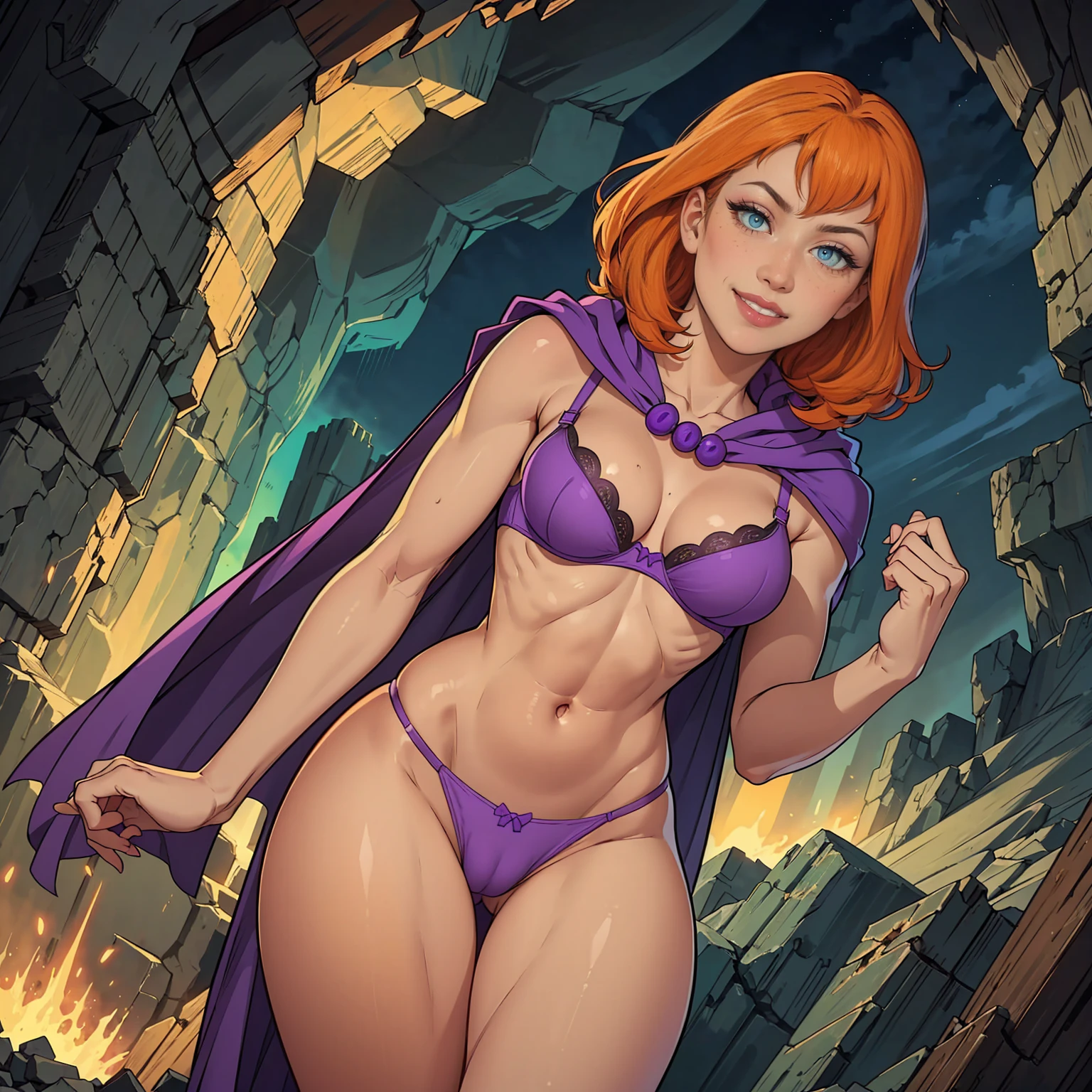 ((solo,1woman, mature, alone))), sheila, ((orange hair, glowing green eyes, wide eyes, makeup, narrow waist, skinny, medium breast)), pelvic curtain, ((violet panties, violet bra, purple cape, hood, Body Turning Invisible)), full body, perfect body, (insanely detailed, beautiful detailed face, masterpiece, best quality), (extremely detailed 8k paper CG wall unit: 1.1), (cave settings, night), (smile face for the viewer), cameltoe view, 