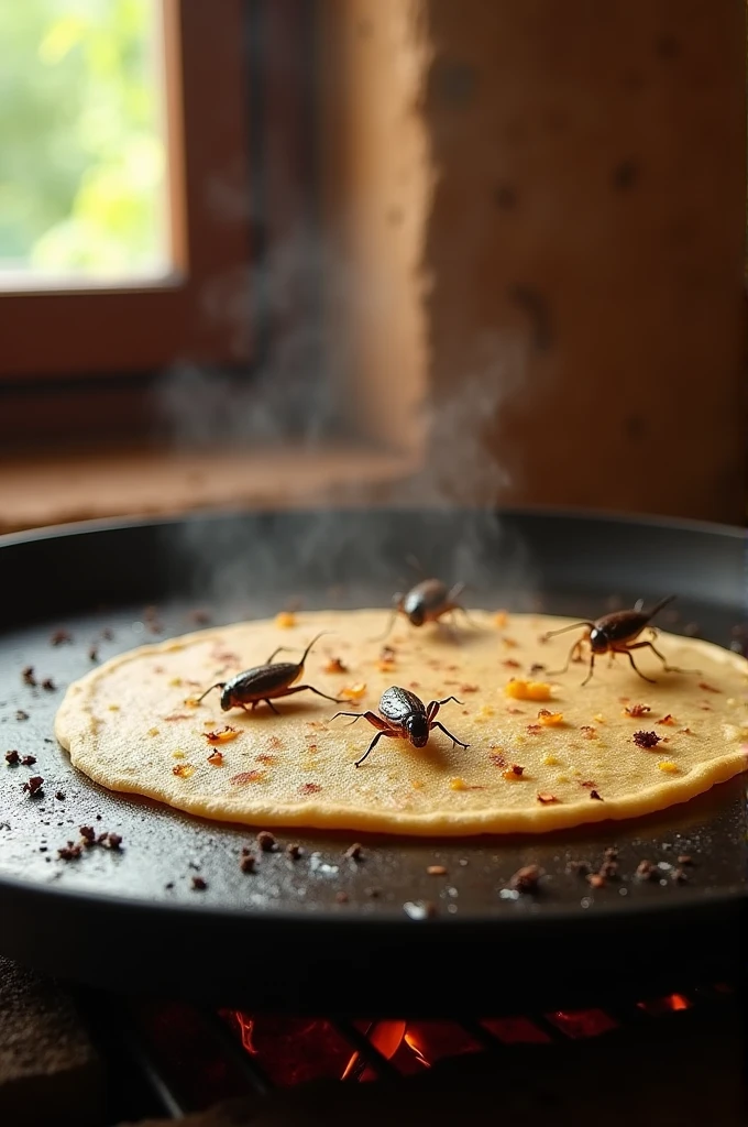Comal with cricket tortillas