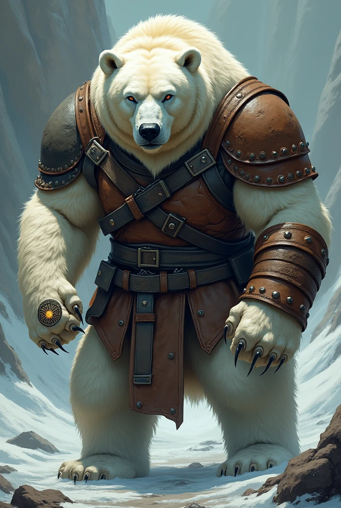 Polar bear wearing leather armor with few metals, has a magic circle marked on its left paw Make the expression on its face more serious Make the bear look older Make it anime style