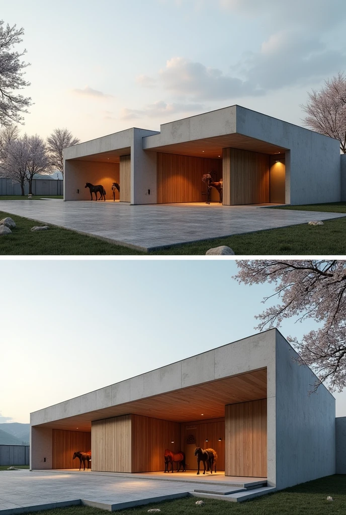 Create a horse stall with the style and features of Craig Ellewood's architectural works, more adapted for horses and that looks like a stable from a more distant and wider view