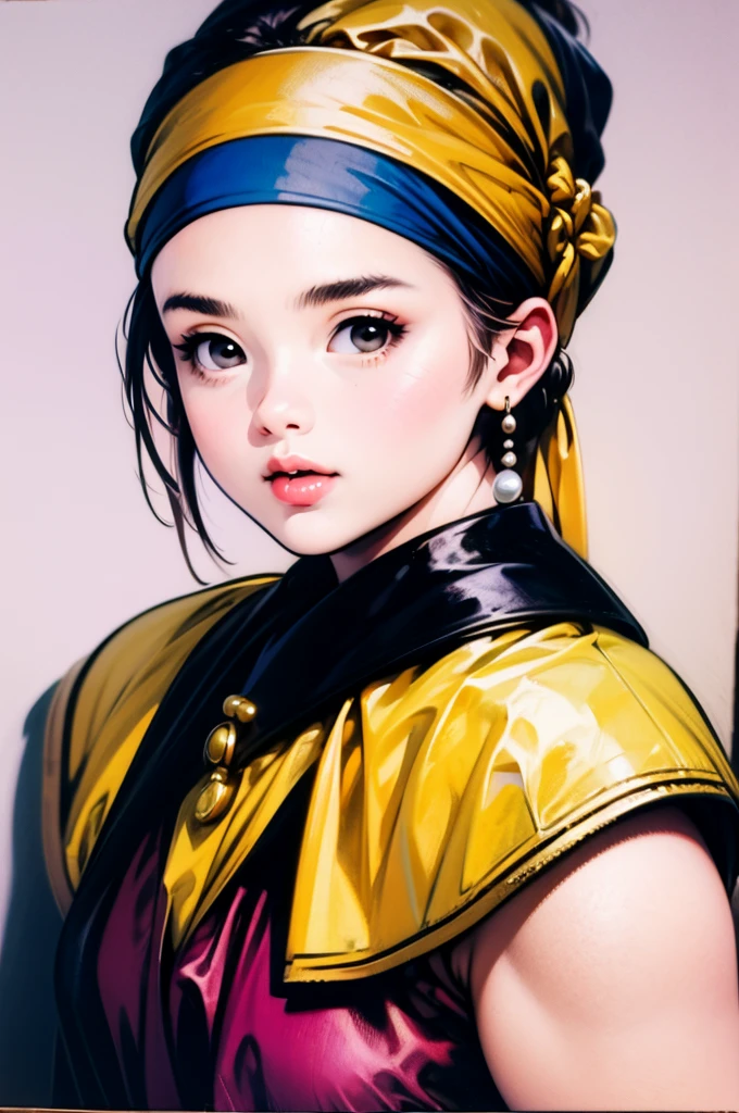 (oil painting, in Rembrandt style:1.1), (medieval portrait:1.2), oil painting with brushstrokes, masterpiece, best quality, detailed, portrait, A girl with a pearl earring, solo, three-quarter face, black eyes, lips, makeup, slightly open lips, Pearl earring, blue headband on yellow headscarf:1.2, White collar, yellow clothes, oil painting, (medium), sidelight:1.4, shadow, from side, looking back, black background, simple background