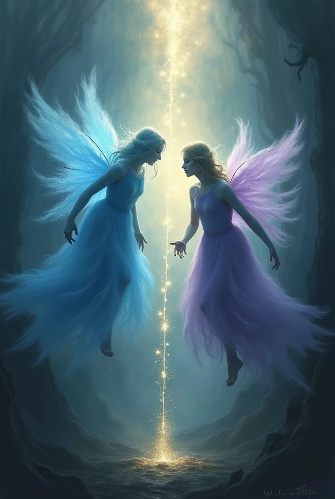 Picture this A hazy or abstract background in dark and gloomy tones, with a sense of depth and mystery.
Two ethereal and translucent forms, with soft and bright colors like sky blue and violet. Souls have a vaporous and fluid appearance, as if they were made of light.
A bright thread of light connects the two souls, which could be gold or silver. This thread seems to be stretched, and it stretches and deforms, suggesting a force that pulls souls in opposite directions.
Souls are drifting apart, with an expression of anguish or desperation in their manner. The distance between them increases, and the light of the thread weakens as it stretches.
The surrounding environment is dark and murky., with flashes of diffuse light that add drama to the scene. Maybe you could add abstract elements, as fragments of light or shadows that increase the feeling of separation and struggle.