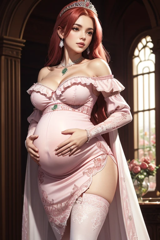 8k, masterpiece, very realistic, Full body (Sexy pregnant queen 1.2), happy, very slim waist, slim thighs, (elaborate detailed tight embroidered folded off shoulder pink dress,) long straight flowing red hair, (elaborate detailed patterned white stockings), medium breasts, pregnant, (curved back 1.2), silver tiara with an emerald gem, bright