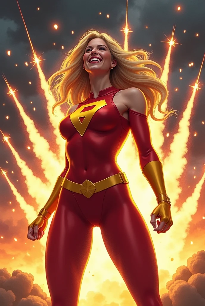 Photo of powergirl receiving many missile blasts touching her invulnerable body exploding in the center of her body laughing
