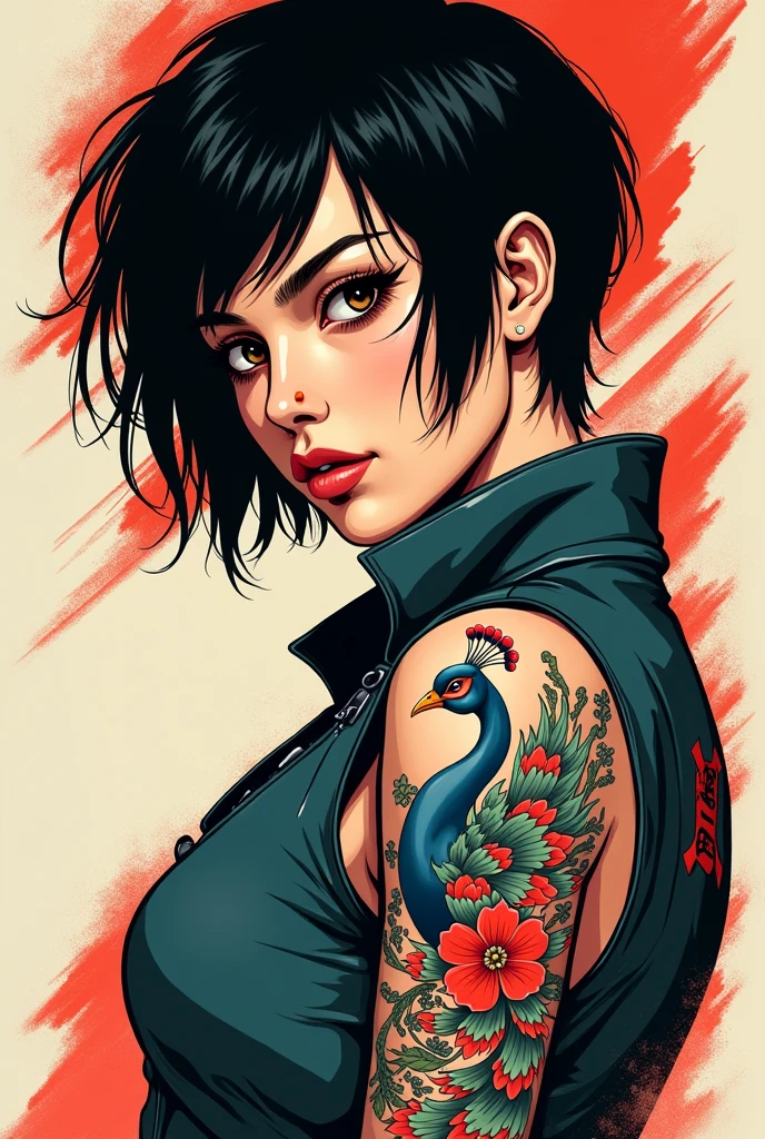 raven hair, short and rebellious, Framing a porcelain face. dark brown eyes, Almond-shaped and deep, under thick eyebrows that accentuate his intense gaze. A prominent nose and a mole near the mouth complete her exotic features.. A Japanese peacock tattoo, in neotraditional style, unfolds on his arm, contrasting with the rigidity of his pilot uniform. Her figure is slim and stylized., suggesting an agility that contrasts 90s pop art comic