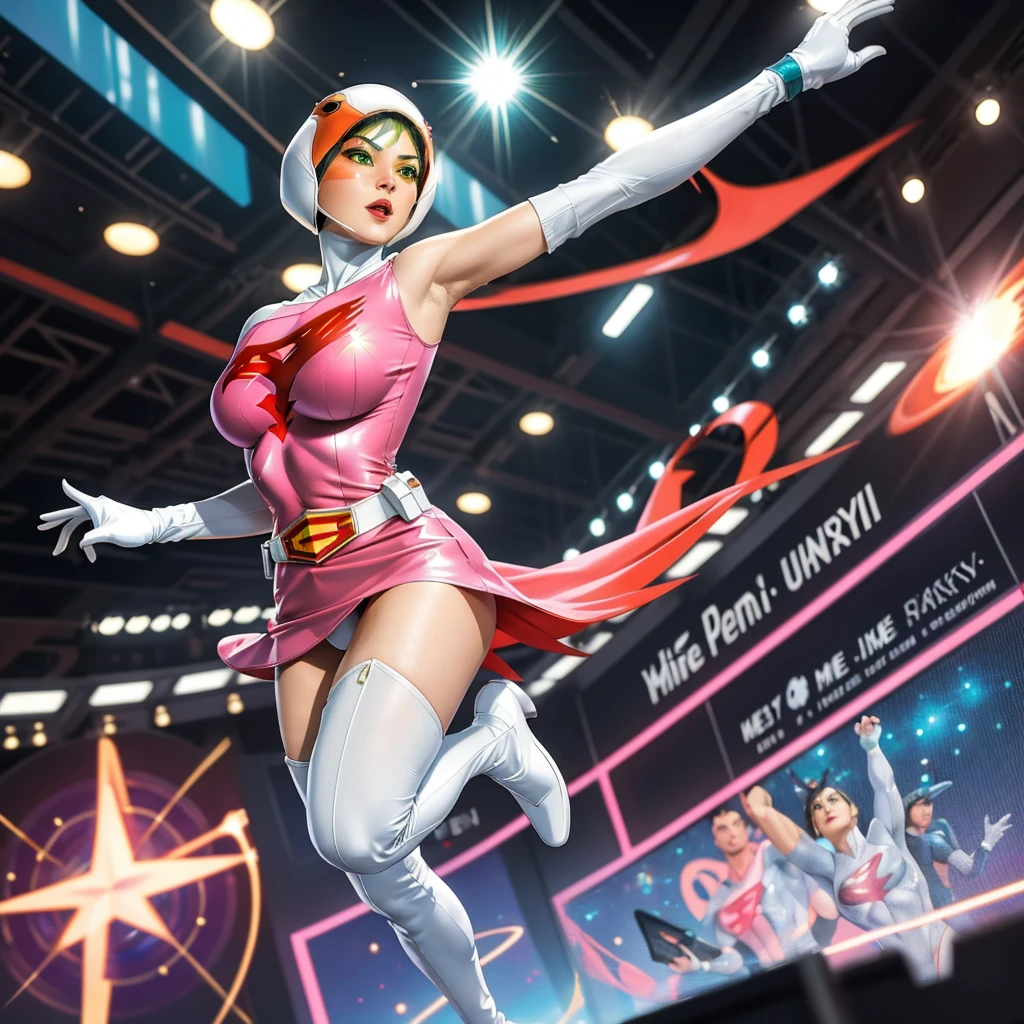 ANI_CLASSIC_jun_gatchaman_ownwaifu,1girl, ,good anatomy, masterpiece, best quality,realistic, hyperrealistic, 16k hdr,breasts,green eyes,lips,large breasts,lipstick,makeup,gloves,cape,helmet,belt,elbow gloves,white gloves,mask,ultra miniskirt,leotard,spacesuit,white tight overknee highheels boots,pink dress,superhero,bodysuit,cleavage,erected nipples,((jumping poses)),cameltoe