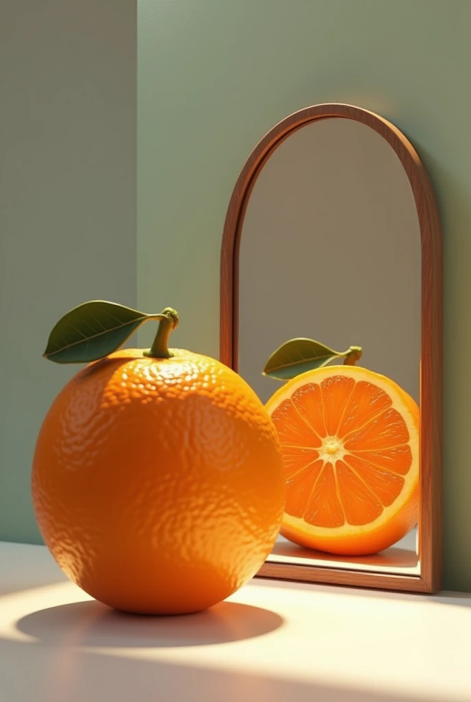 An orange looking in the mirror and the reflection is a pulp 