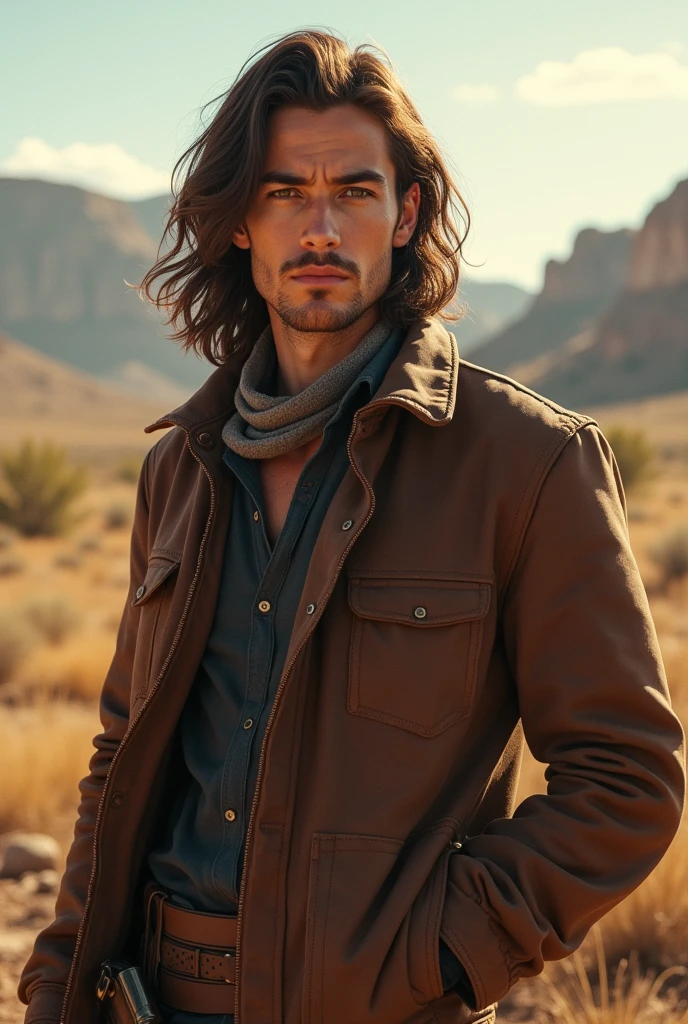 "Young man with long brown hair, piercing brown eyes, defined jaw and striking features in the old west style."(man and without beard)