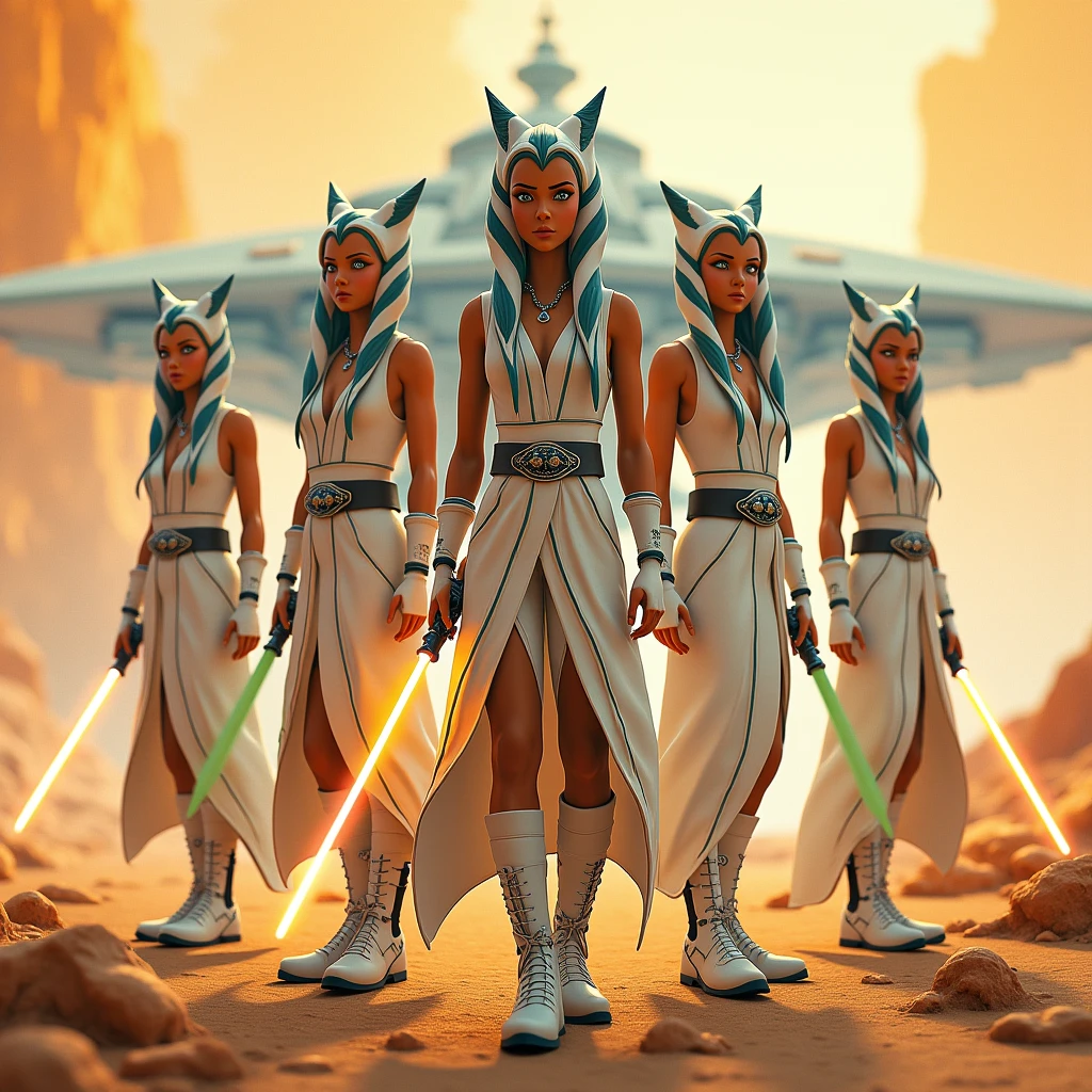 image haute qualité HD 8K, vu de tres haut, presque a vol d'avion, Un vaisseau impérial de Star Wars, Cudesexyrobutts, cinq ahsoka, porte langue robe blanche épaisse, ceinture cuire blanc avec boucle argent, liseré vert et couture vert, porte des bottes de blanche de style Doc Martens, lacet noir, tenant un sabre laser. art éclaboussant d'une teinte orangé, jaune, germe d'art extrêmement détaillé, Portrait of cinq ahsoka, Femme Jedi, personnage de Star Wars, style artgerme, comme on le voit sur l'article,
