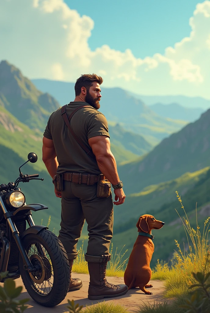 Me, a burly guy, and my furry dachshund looking at the horizon and nature with my motorcycle on the side