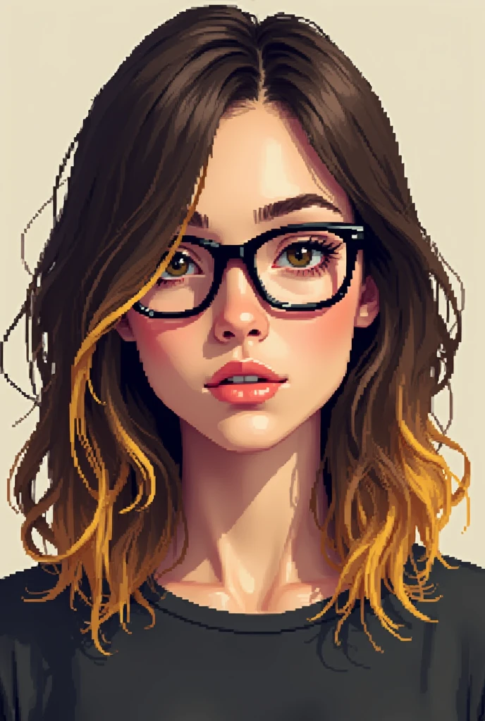 create a pixel drawing of a white skinned woman, brown hair with straight blonde highlights, Black glasses and eyes