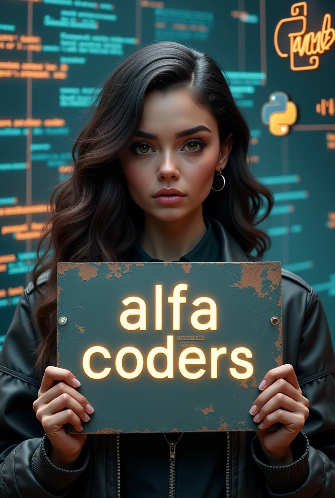 a detailed portrait of Merlina Adams holding a sign that says "Alfa C0ders" with a background of Python and JavaScript programming themes, highly detailed, photorealistic, cinematic lighting, dramatic composition, digital art