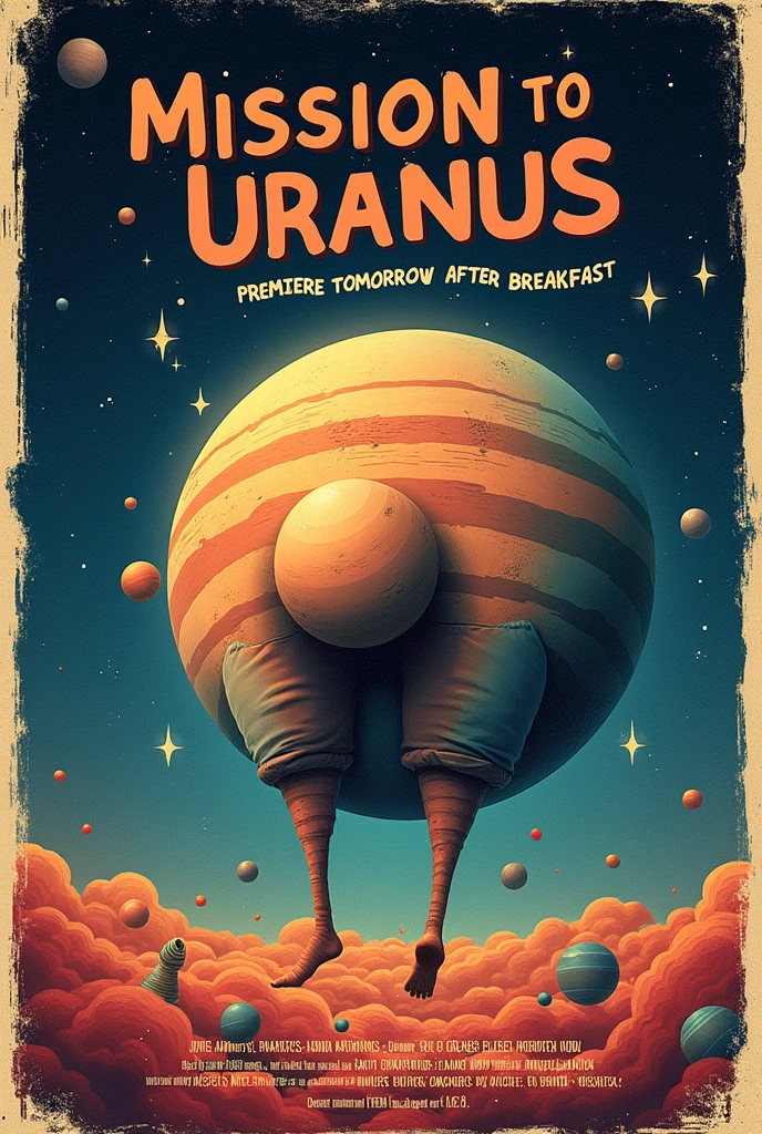 A ticket for a theatre piece. It is universe themed. The title is "mission to uranus" in the background is a planet that looks like a butt. There is a text that says "premiere tomorrow after breskfast". 
make the planet look like more of a real ass