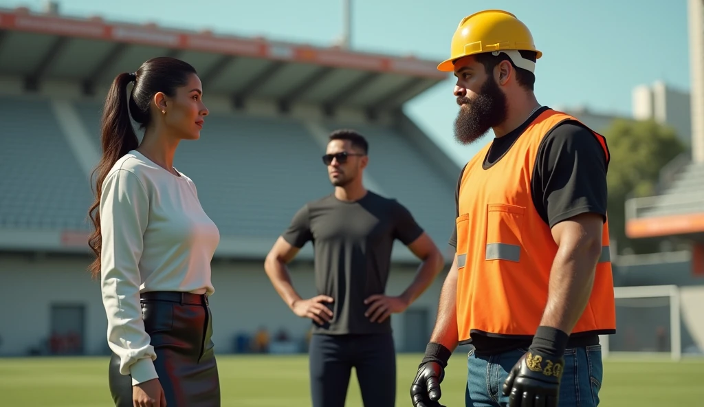 the best photo,the most realistic,Clareza 4K, latina woman ,3,White long sleeve cotton shirt ,Black leather pencil skirt. Mulher falando com um goalkeeper. goalkeeper , brawny, with beard, wearing yellow construction hat, signal vest, black boot, and jeans.  one  men, black dress shirt, black pants, sunglasses, blacksad, short hair, thin and short. o Homem esta discutindo com o goalkeeper e a mulher esta de fundo 