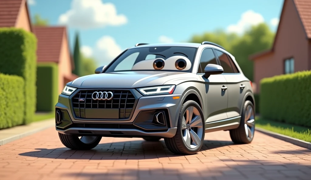 Im Stil von Pixar 3D-Animation filmen (Caricature). A grey Audi SQ5 stands in a driveway.