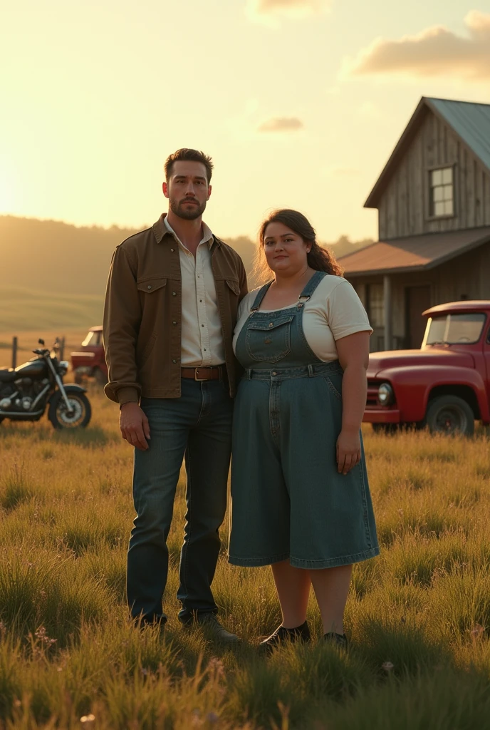 A thin man next to a chubby woman on a farm and a red truck and a black motorcycle