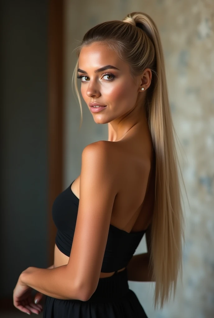 A very realistic and detailed photo of beautiful italian woman, black skirt , perfect makeup, long sleek straight ponytail, blonde hair, high quality photo 4k, very detailed, perfect fit, looking at the camera, detailed realistic face, detailed brown eyes, confident