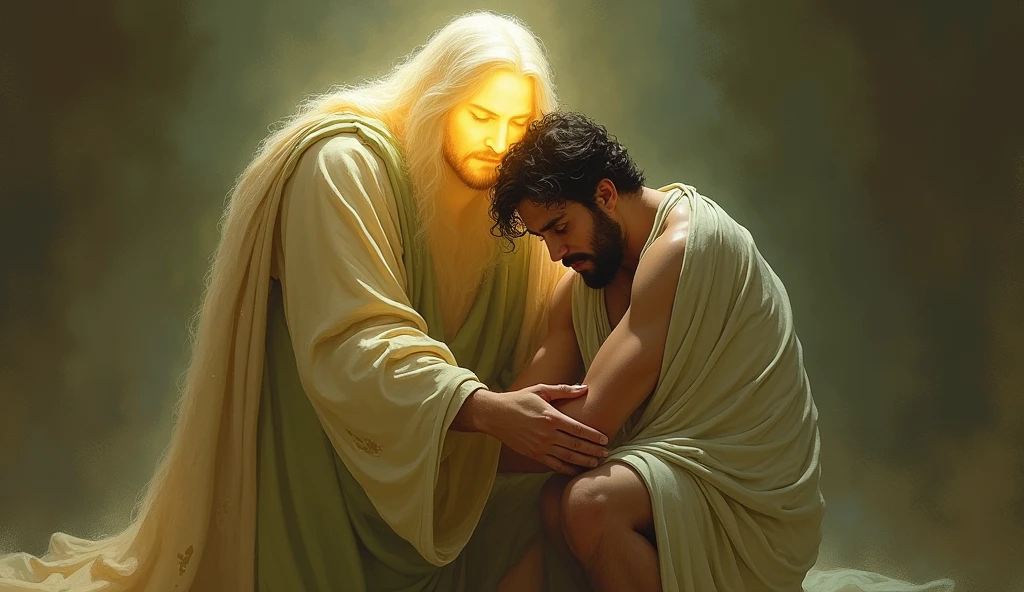 "Illustrate a moment of deep solace where a divine figure, their face aglow with a bright, holy light, holds an injured man close. The figure wears flowing beige and green garments, while the man, who shows signs of physical pain, leans into the embrace. The background should be composed of muted browns and greens, creating a peaceful and sacred atmosphere."