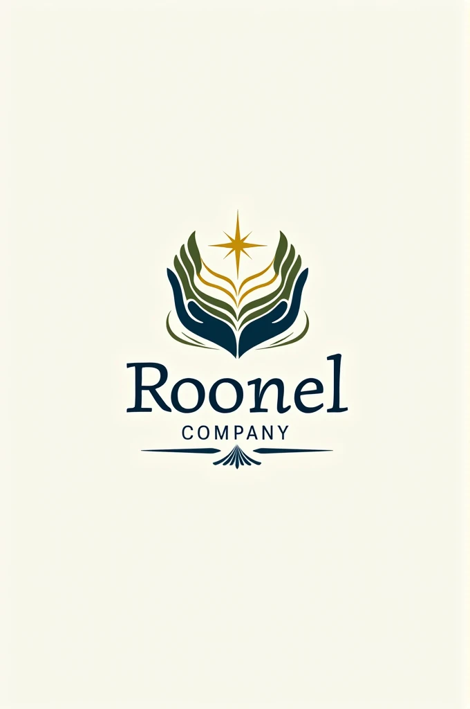 A distinguished logo for 'Roonel Company,' reflecting its focus on biblical imagery and multimedia content. The design features a central motif such as a stylized depiction of a biblical symbol—like a scroll, a dove, or a radiant star—integrated with modern, digital elements to represent video and visual media. The text 'Roonel Company' is rendered in a classic serif or elegant script font, with subtle, sacred embellishments. The color palette includes deep, reverent tones like royal blue, gold, and earthy green, conveying both spiritual significance and artistic sophistication. The logo should blend traditional biblical themes with a contemporary and professional aesthetic, emphasizing creativity and devotion.