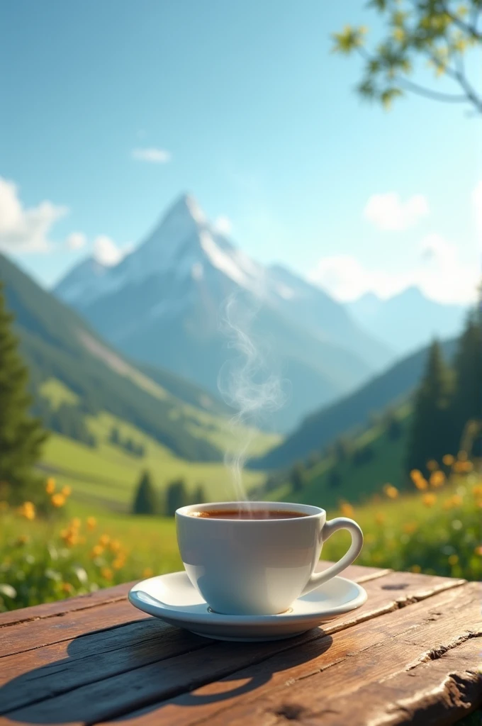 Make a cup of coffee on a table in front of you. To a landscape 