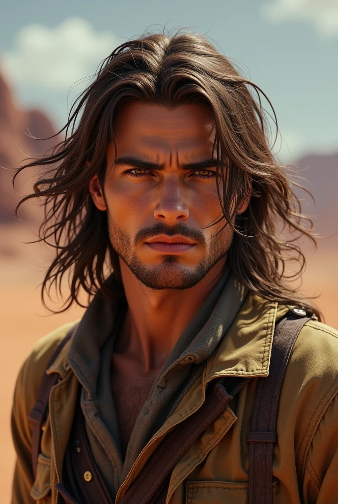 "Young man with long brown hair, piercing brown eyes, defined jaw and striking features in the old west style."(man and without beard, no hair on the face)