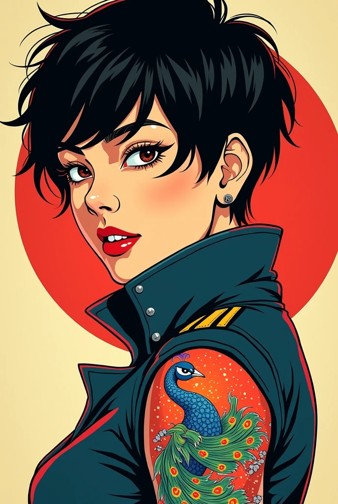 raven hair, short and rebellious, Framing a porcelain face. dark brown eyes, Almond-shaped and deep, under thick eyebrows that accentuate his intense gaze. A prominent nose and a mole near the mouth complete her exotic features.. A Japanese peacock tattoo, in neotraditional style, unfolds on his arm, contrasting with the rigidity of his pilot uniform. Her figure is slim and stylized., suggesting an agility that contrasts 90s pop art comic

