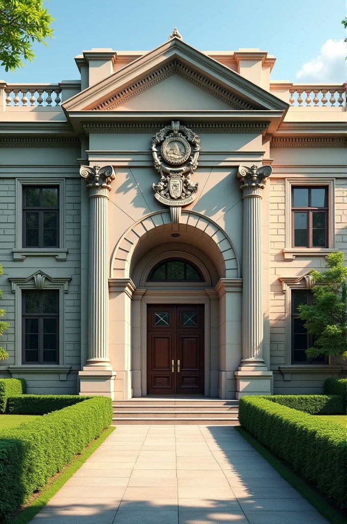 The facade of a school with the logo