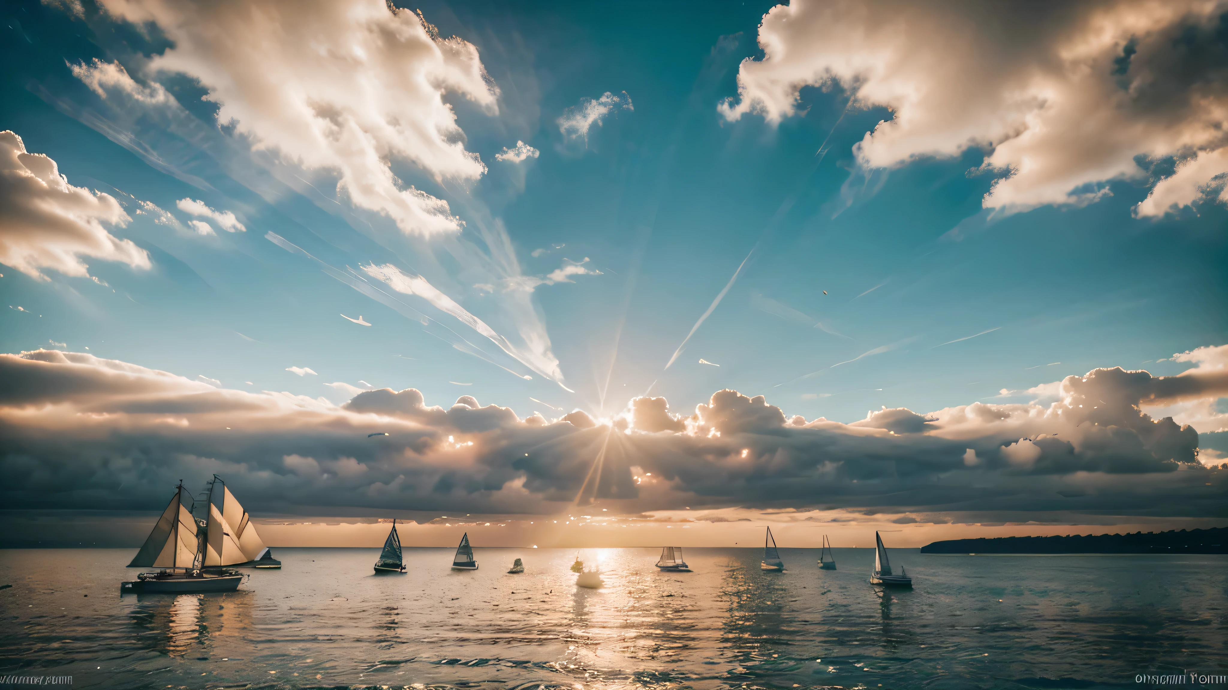 Big white sailing yacht, people on the yacht, orange sun in the background, the sun is reflected in the water, sun glare on the water, sparkling splashes, sea in the background, many sailing yachts in the background, white yachts sailing to the horizon, picturesque coastline, yachts are parked on the shore, light nebula. High quality photo, realism, cinematic lighting, god rays, reflection light, backlighting, wide shot, from above, atmospheric perspective, panorama, Wide-Angle, Ultra-Wide Angle, 360 view, UHD, masterpiece, accurate, anatomically correct, super detail, high details, high quality, best quality, highres, 1080P, HD, 4K, 8k, 16k