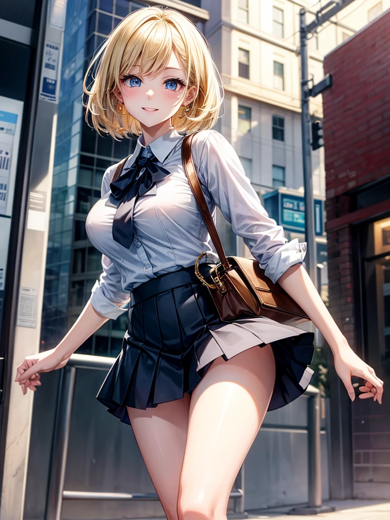 Anime style, super fine illustration, highly detailed, beautiful detailed, super pale tone image, happy expression, Lively expression, super pretty image, 8k, pretty 1girl with blonde straight short hair & blue eyes & a bright smile & full bust & soft fair skin is wearing big white business shirt not to show her skin & black tight skirt & 1business bag, on the business building morning street, in the morning, brilliant particles of lights, happy stories, solo, perfect 10 fingers, perfect arms, perfect legs, masterpiece.