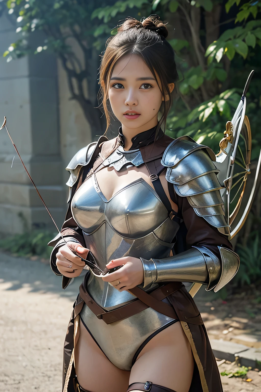 8k,A female adventurer from another world,so beautiful(Like the real thing),((Girl in leather armor:1.4)),((Woman with brown double hair bun:1.4)),blue eyes,((Woman shooting with a stone crossbow:1.5))、A woman with brown combat trousers,Dagger on hip,Walking in mountainous areas,Perfect Face,Perfect hand shape,charm,Volume measurement,Body balance,超High resolution,super Realistic skin,Digital single-lens reflex camera, Soft lighting, high quality, Highly detailed face, Highly detailed eyes, highly detailed skin, skin, Scattered beneath the surface of the water, Highly detailed face, Highly detailed eyes, Beautiful expression, lip, Detailed Background, Written boundary depth, Small breasts、Volumetric lighting, Sharp focus, Absurd, Realistic proportions, Excellent anatomy, (Realistic, 超Realistic:1.4), 16k hdr, dawn,High resolution,super Realistic skin,super Beautiful expression,Fantasy art,Character Art,Dynamic pose,Compensate,Brown cloak,((Carrying a big bow:1.4)),