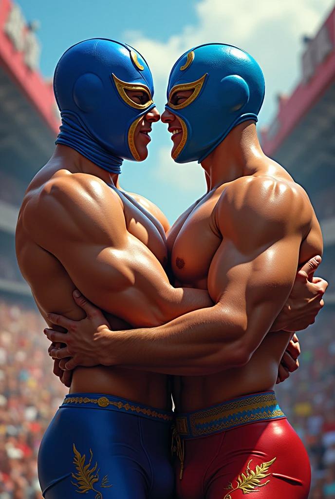 A luchador naked latino with a blue mask in love with a random man. They both are gay. They kiss each other.