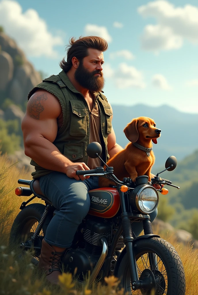 Me, a burly guy, and my very furry dachshund looking at the horizon and nature with my motorcycle by my side