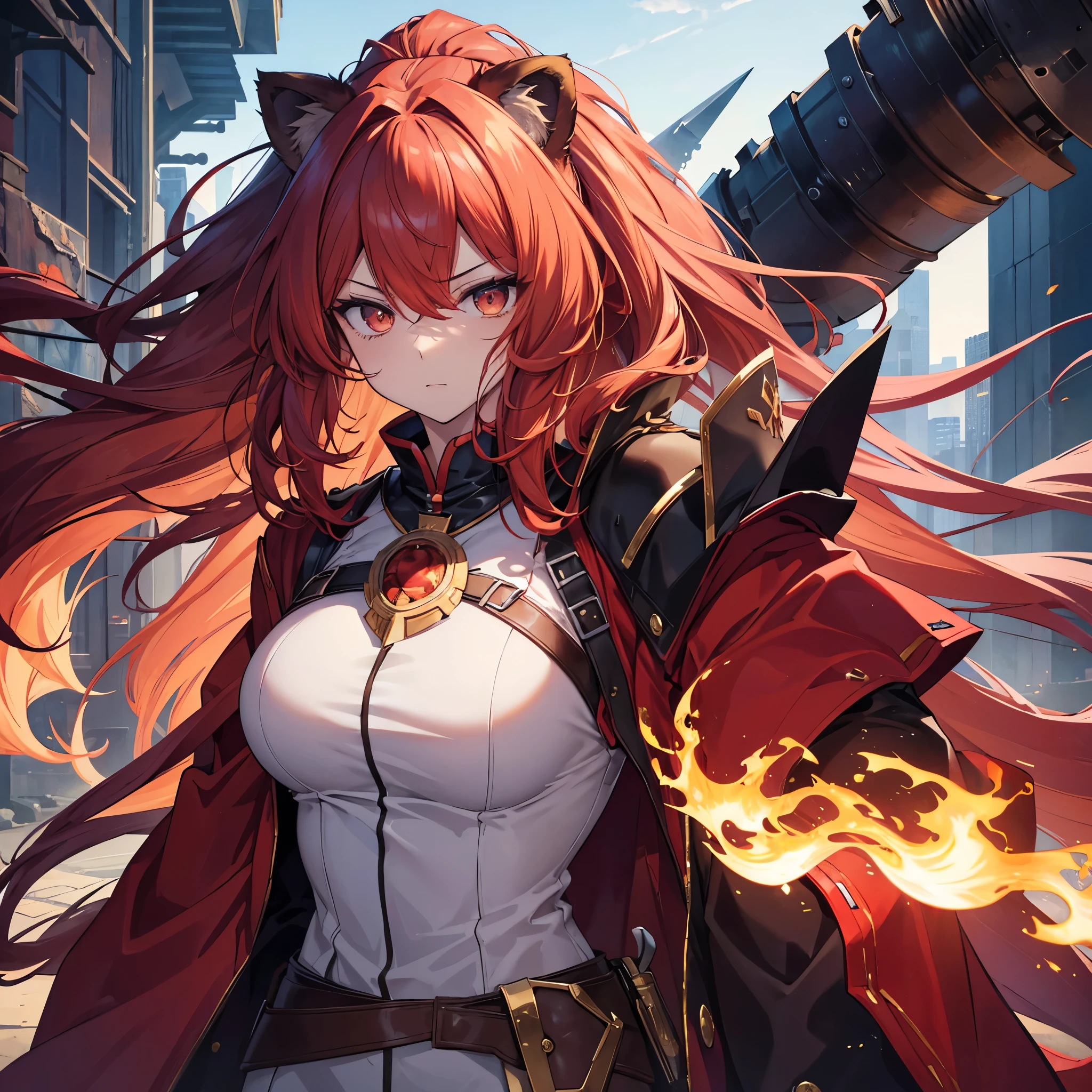 (masterpiece), best quality, expressive eyes, perfect face, aries, werebeast, hot, protector, solider, female, red hair,, guard, anime, beastial, anime, headshot, no human ears, fire, hairy bearded, warrior, massive lion mane, long and massive hair, sharp nails, red cat eyes hair covering ears