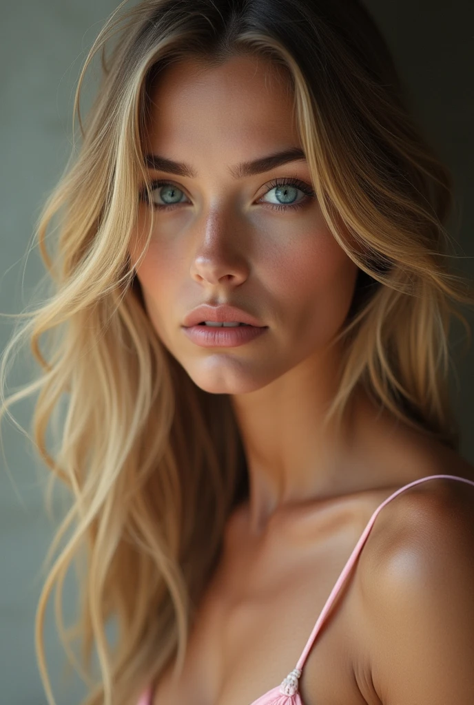 Create a realistic image of a 20 year old woman, longs cheveux blonds, Yeux bleu-vert assise face à la caméra mettant ses gros seins en avant , elle a des mèches de cheveux rose ,