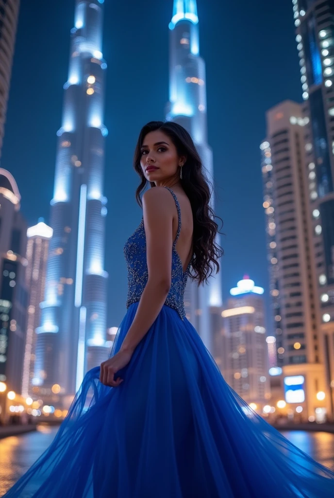Brunette woman in Dubai with blue dress at night