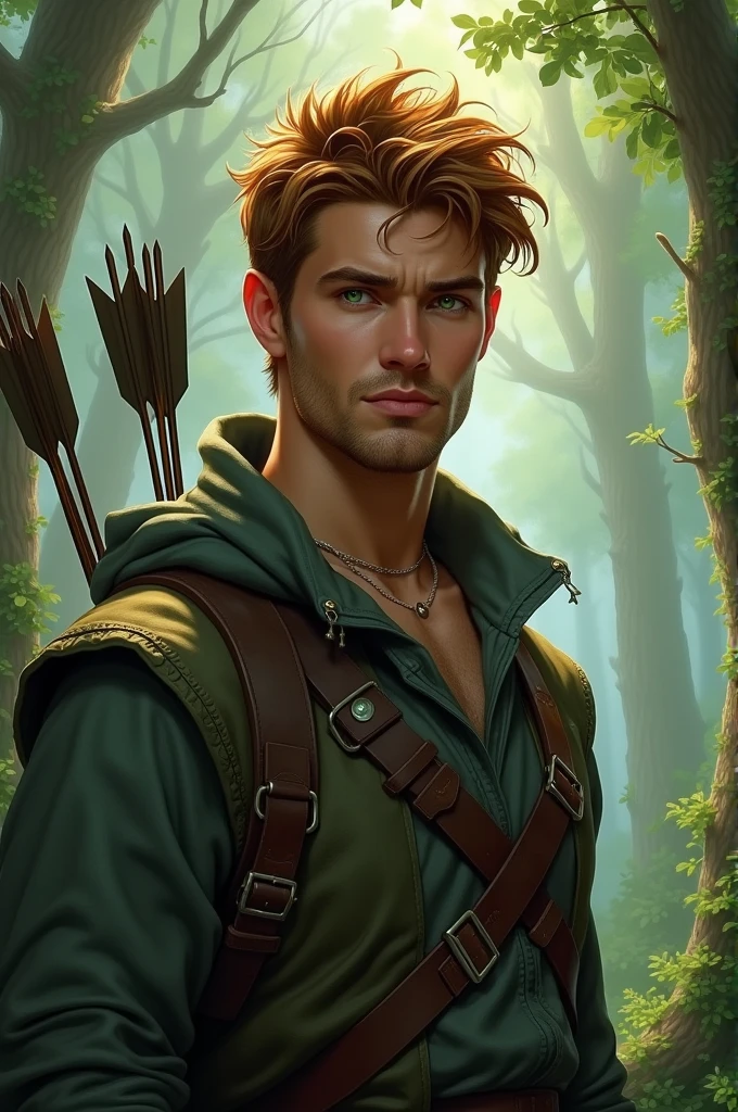 Beautiful man, 3, bronze-colored hair, green eyes, hunter, clean-shaven, quiver with arrows behind his back, forest in the background, fantasy style