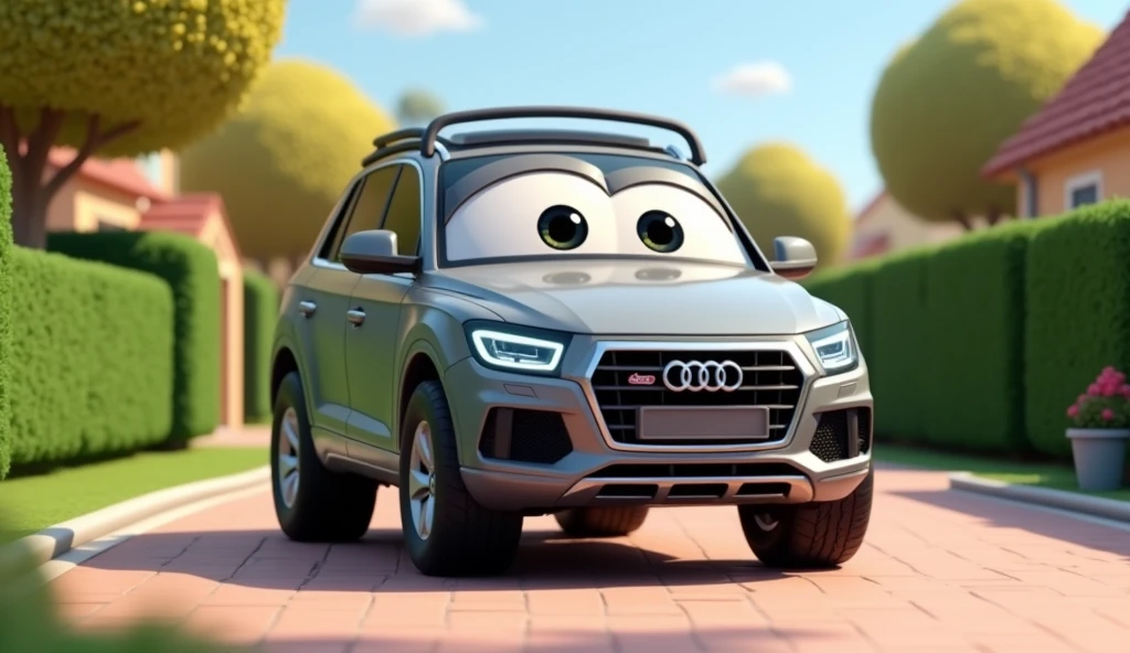 Im Stil von Pixar 3D-Animation filmen (Caricature). A grey Audi SQ5 stands in a driveway.