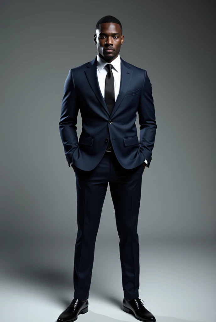 Create a high-fashion photography scene featuring a male model with African descent, but with the features of David Gandy. The model, an athletic figure with a striking, masculine physique and a captivating presence, is dressed in a sophisticated, modern suit, perfectly tailored to highlight his physique. The suit should be in a deep, rich color such as midnight blue or charcoal gray, paired with a crisp white dress shirt, a slim tie, and polished dress shoes. The overall look is sharp, elegant, and designed to exude confidence and style.
Situation: The scene is set in a professional photography studio with a minimalist, clean backdrop that keeps the focus on the model. The lighting setup is dramatic, with a combination of softboxes and spotlights creating a mix of soft and sharp shadows, emphasizing the model's strong features and the sharp lines of the suit. The photographer, visible in the background, adjusts the camera and lighting equipment, preparing for the next shot. The model stands in the center of the studio, striking a confident pose with his hands in his pockets, slightly angled towards the camera. His expression is calm and composed, with a hint of a smirk, capturing the essence of modern masculinity.
The environment is filled with the energy of a high-end fashion shoot, with assistants adjusting the model’s outfit, checking lighting, and reviewing shots on monitors. The atmosphere is professional and focused, yet there's a creative buzz in the air, as everyone works together to create the perfect shot. The lighting is meticulously controlled to highlight the model's suit and features, creating a visually striking image that exudes sophistication and style.
Filmed on ARRI ALEXA 65, Bokeh, sharp focus on the subject, shot by Don McCullin. The atmosphere should convey the precision and artistry of a top-tier fashion shoot, where the model embodies the essence of high fashion—sharp, stylish, and effortlessly cool, amidst a sleek, modern studio setting.