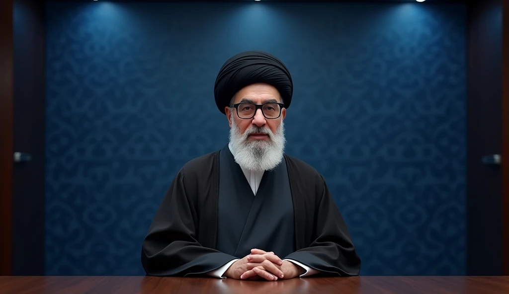 Seyyed Ali Khamenei Giving a Televised Address in a Modern Studio
Seyyed Ali Khamenei sits behind a polished dark wooden desk in a modern television studio. The backdrop is a deep, rich blue with a subtle, elegant pattern that conveys authority without distraction. Soft lighting from above creates a focused halo around him, highlighting his black turban and the stern lines of his face. His large square glasses reflect the studio lights, and his gray beard is neatly trimmed, complementing his solemn expression. The studio is equipped with state-of-the-art technology, but the simplicity of Khamenei’s attire—his dark robe and turban—stands out against the modern setting, bringing an air of timelessness to the broadcast. The cameras are focused closely on his intense gaze as he delivers his message with quiet, unwavering resolve.