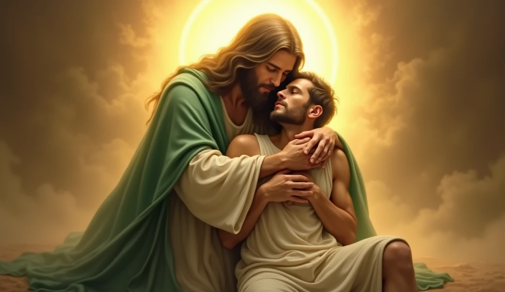 "Create a powerful image where a divine figure with a bright, glowing face, hidden in light, cradles an injured man. The holy figure wears a cream robe and a green mantle, and the light from their face casts a soft glow over the scene. The injured man, with visible wounds, finds solace in the embrace, set against a background of warm, earthy colors."