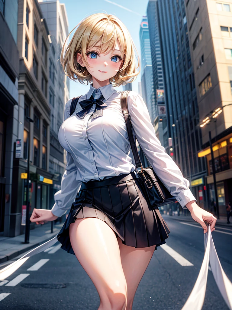 Anime style, super fine illustration, highly detailed, beautiful detailed, super pale tone image, happy expression, Lively expression, super pretty image, 8k, pretty 1girl with blonde straight short hair & blue eyes & a bright smile & full bust & soft fair skin is wearing big white business shirt not to show her skin & black tight skirt & 1business bag, on the business building morning street, in the morning, brilliant particles of lights, happy stories, solo, perfect 10 fingers, perfect arms, perfect legs, masterpiece.