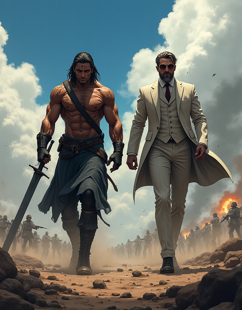 Create a anime style landscape image. Dramatic, high-contrast, vibrant image featuring two men standing in a war-torn battlefield. The man on the left has a muscular build, dark skin, and is dressed in a tight, dark, sleeveless shirt and pants, holding a large sword in each hand. His face and body are smeared with dirt, emphasizing a rugged and intense appearance. The man on the right has a lighter skin tone, a full beard, and is dressed in a light-colored suit with a dark shirt underneath, exuding a calm yet powerful demeanor. The background is filled with smoke, debris, and fallen soldiers, creating a chaotic and intense atmosphere. The overall composition highlights the contrast between the two characters in terms of attire and demeanor.
