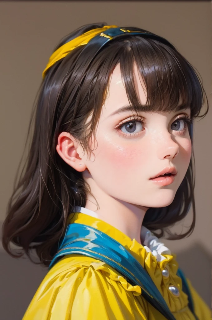 (oil painting, in Rembrandt style:1.1), (medieval portrait:1.2), oil painting with brushstrokes, masterpiece, best quality, detailed, portrait, A girl with a pearl earring, solo, three-quarter face, black eyes, lips, makeup, slightly open lips, Pearl earring, blue headband on yellow headscarf:1.2, White collar, yellow clothes, oil painting, (medium), sidelight:1.4, shadow, from side, looking back, black background, simple background