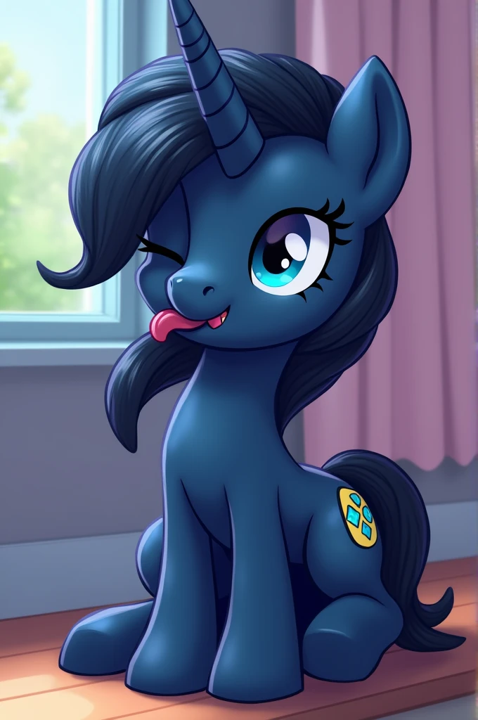 My little pony character, toon, adult, male, unicorn, (dynamic angles) white body, black mane seductive, lust, eyeliner, leather collar, handcuffs, exposed cock, big cock